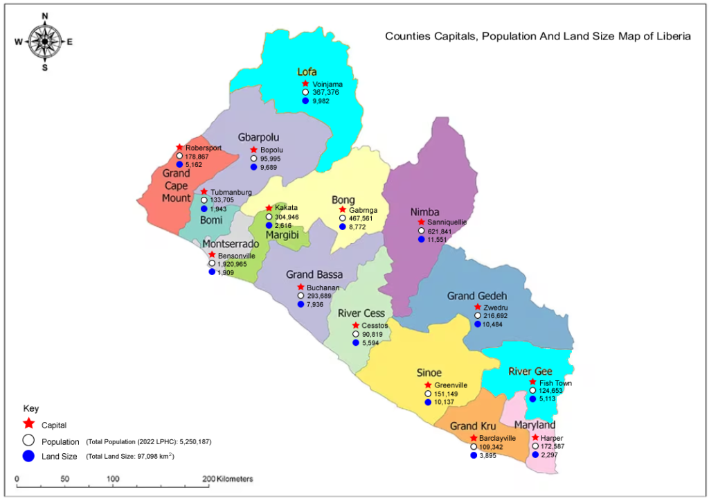 Counties_Capitals_Population_And_Land_Size_Map_Of_Liberia